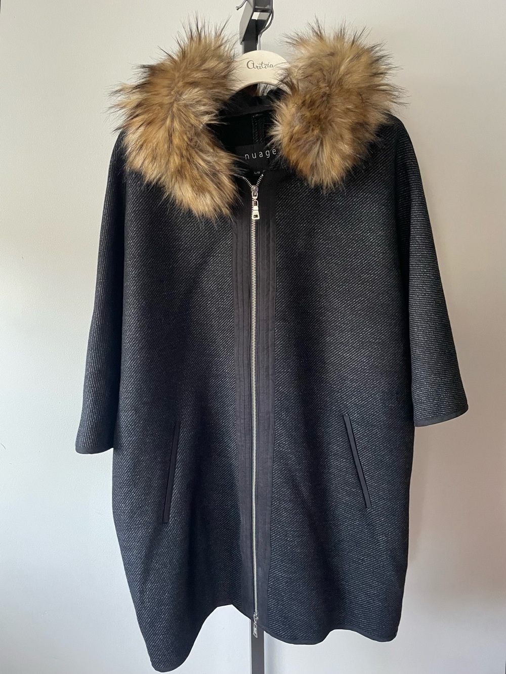 Nuage Wool Blend Faux Fur Hooded Cape Poncho Coat Medium Large